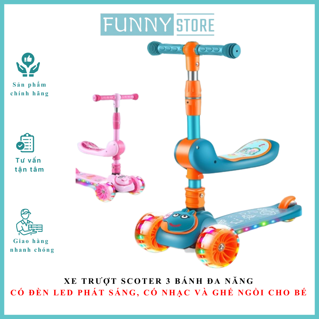 Xe trượt Scoter 3 bánh đa năng có đèn led phát sáng, có nhạc và ghế ngồi cho trẻ em - Xe thăng bằng có nhạc dành cho bé