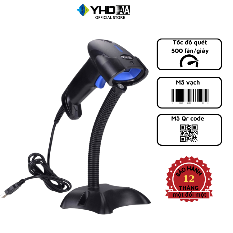Máy quét mã vạch YHD 1100D 2D, Đầu đọc mã vạch Qrcode có dây dùng trong Cửa hàng, Siêu thị