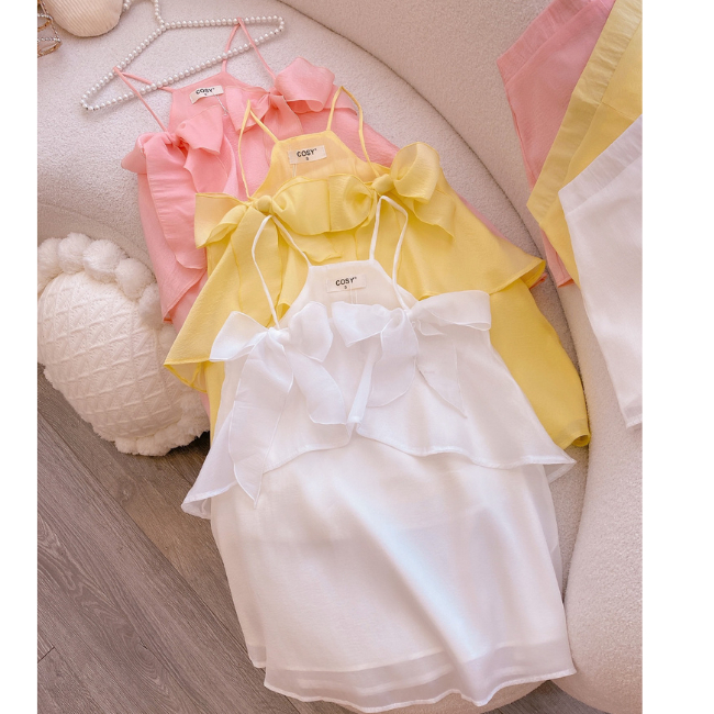 Sét bộ nữ áo 2 dây sát nách đính nơ bèo tầng mix quần short ống rộng sang chảnh tiểu thư bánh bèo