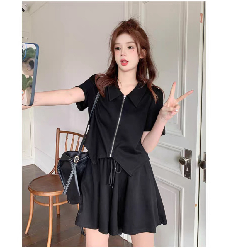 Bộ 2 Món Bigsize Quần Đùi Lưng Thun Và Áo Thun Cổ Bẻ Khóa Kéo Chất Liệu Tăm Nhật Mềm Mát SET18