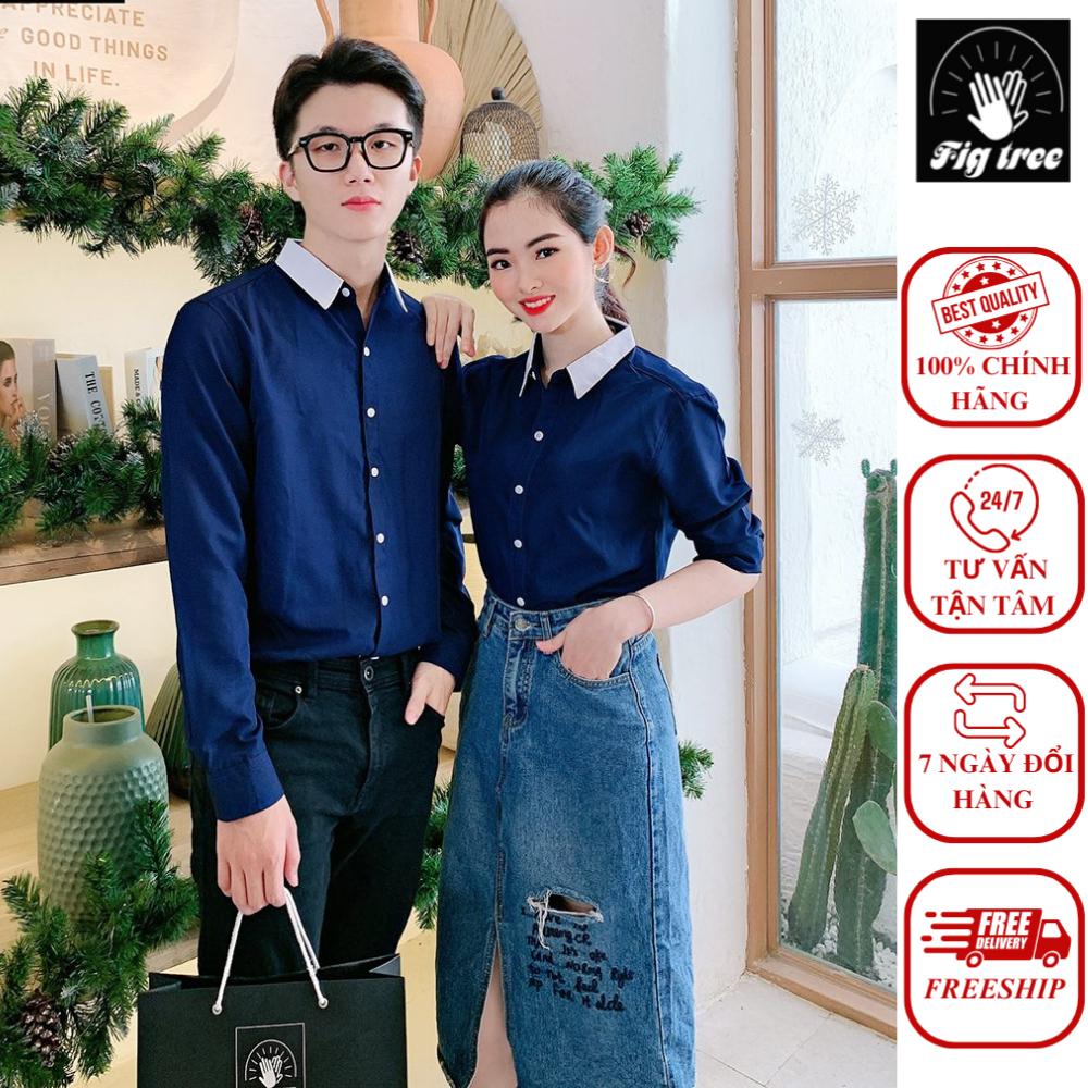 Áo Sơ Mi Cặp FIGTREE Màu Xanh Đen Phối Trắng Cổ Bẻ Sang Chảnh
