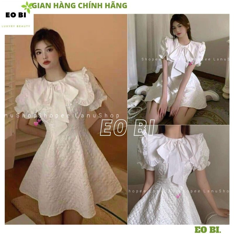 Đầm gấm xốp trắng cổ sen đính nơ tay bồng dáng điệu đà, Váy tiểu thư phối viền tay bo chun phong cách hàn quốc - EOBI