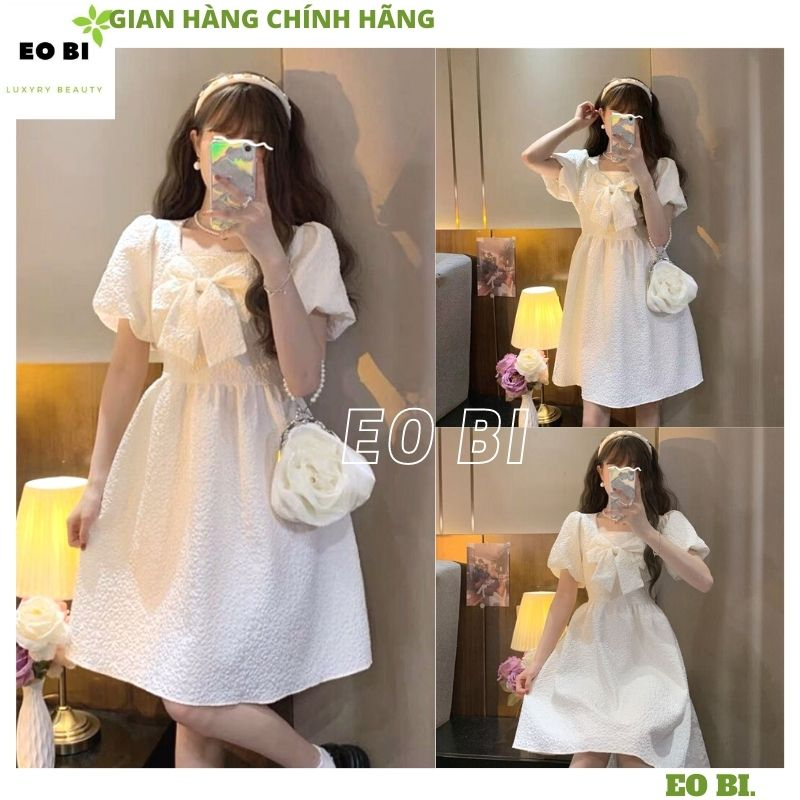 Đầm gấm xốp trắng cổ vuông tay bồng đính nơ, Váy babydoll dáng xòe tiểu thư công chúa đi chơi dự tiệc hàn quốc - EOBI