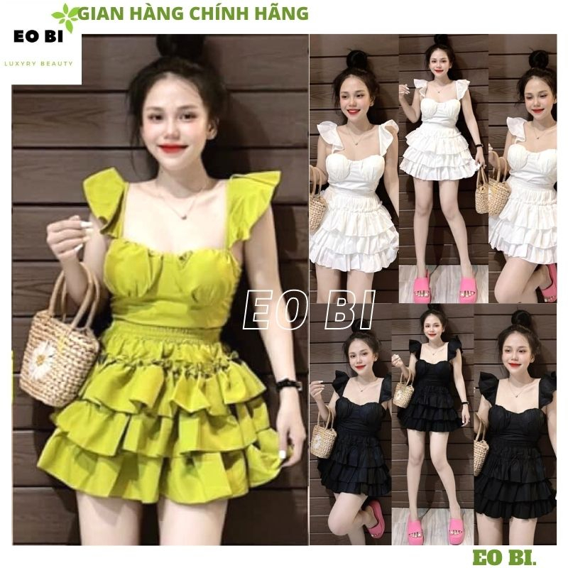 Set áo 2 dây cánh tiên cup ngực kèm chân váy xếp tầng điệu đà, Bộ áo dây body lưng chun phối váy xếp ly bồng bềnh - EOBI