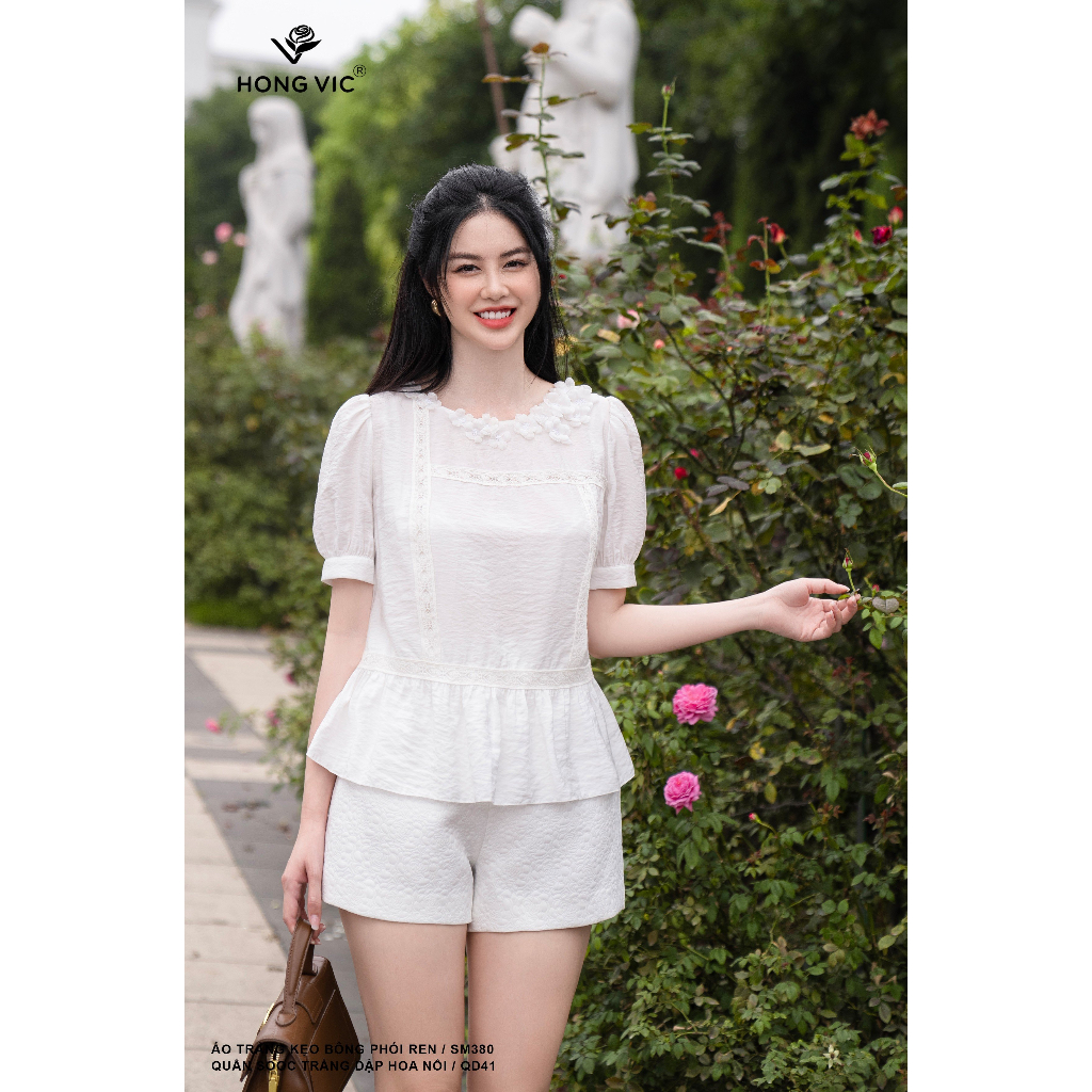 Áo nữ thiết kế Hong Vic trắng kẹo bông phối ren SM380
