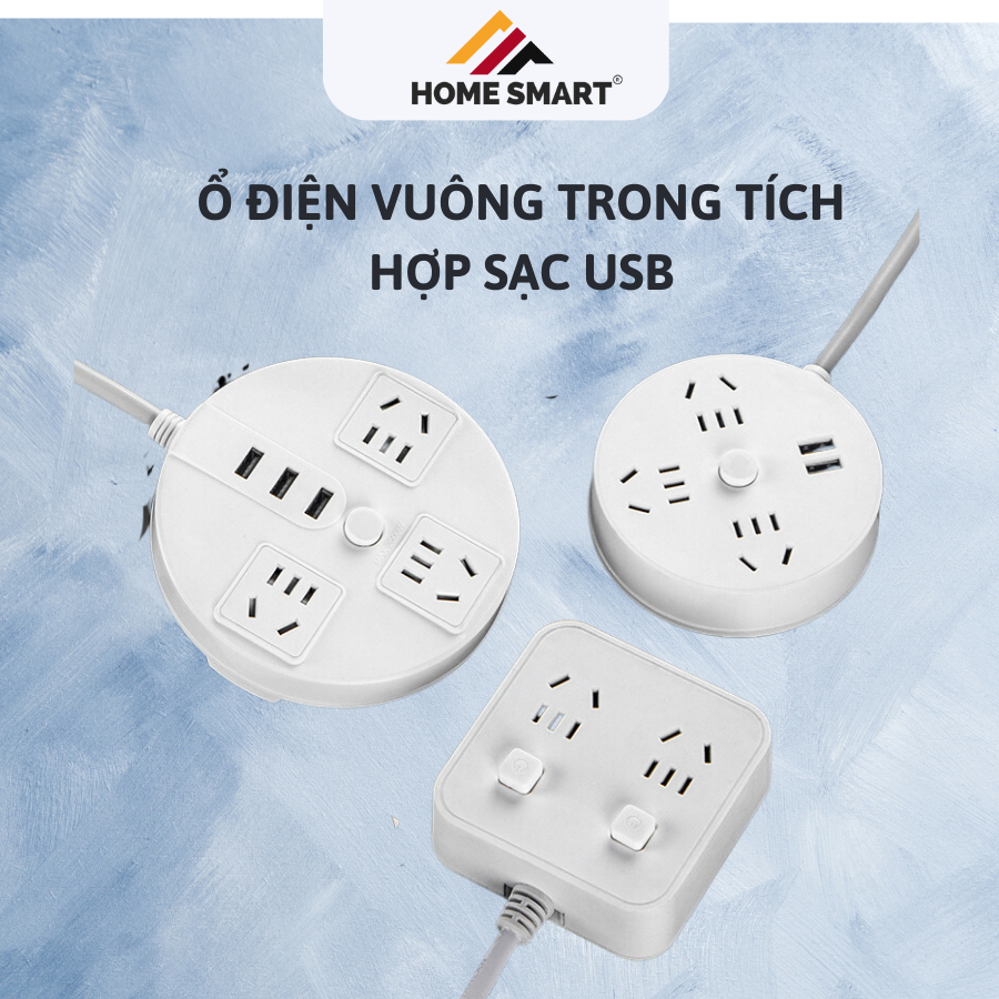 Ổ Cắm Điện, Ổ Điện Thông Minh Đa Năng Vuông Tròn Chống Giật, Chịu Tải 2500W, Tích Hợp Cổng Cắm USB Sạc An Toàn Trẻ Nhỏ