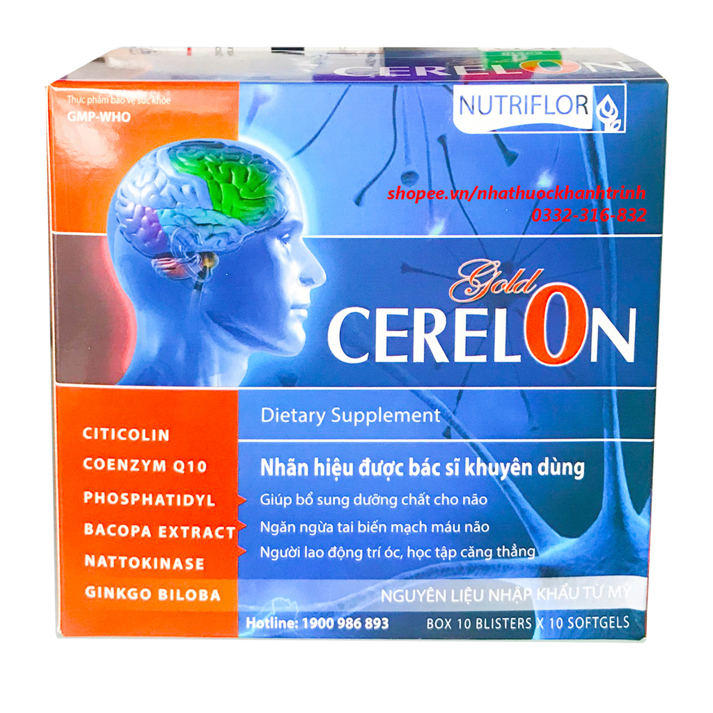 (100 viên) Viên uống bổ não CERELON CITICOLIN GOLD - tăng cường tuần hoàn máu não - hộp xanh biển / cam