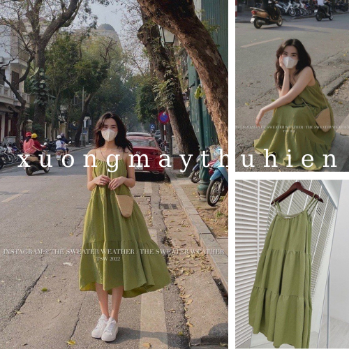 Váy hai dây màu xanh lá dáng dài mặc đi chơi đi biển, váy maxi 2 dây chất vải đũi mềm mát xuongmaythuhien