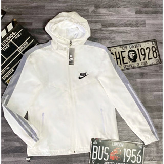 Áo Khoác Dù Nhẹ Nam Nữ 2 Lớp Có Mũ Chống Nắng Màu Trắng Sọc N l. K E Thể Thao áo khoác gió Form Xuông Có Dây Rút unisex