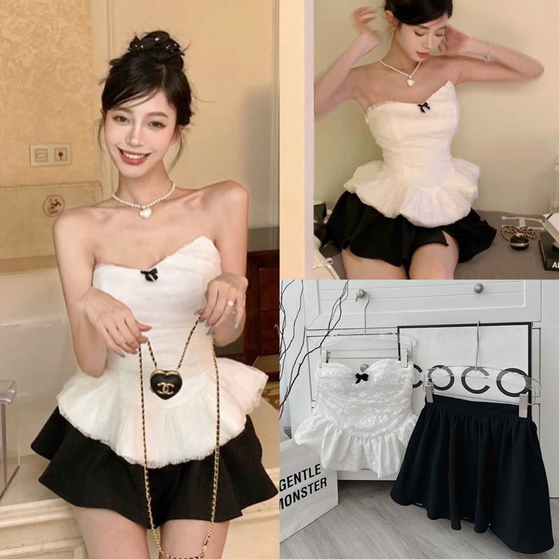 SET ÁO ỐNG REN HOA TRẮNG ĐÍNH NƠ NGỰC + CHÂN VÁY ĐEN