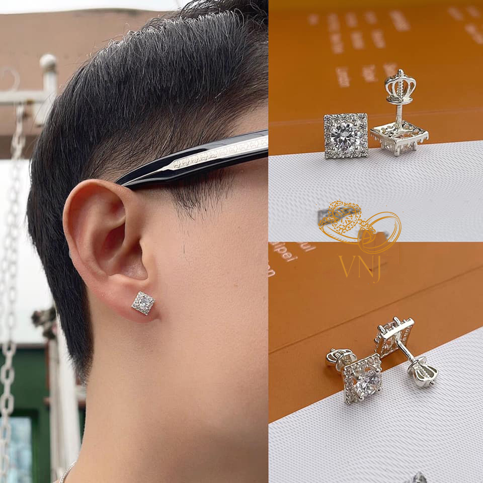 Bông tai nụ vuông Bạc 925 cho nam nữ VNJ  - V80