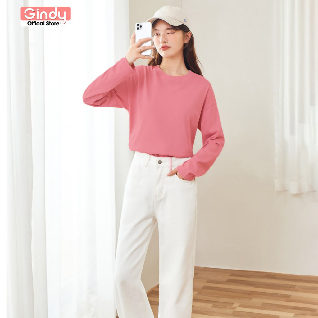 Áo thun dài tay nam nữ unisex GINDY áo phông form rộng dáng suông vải cotton thời trang xuân hè 2023 basic A033