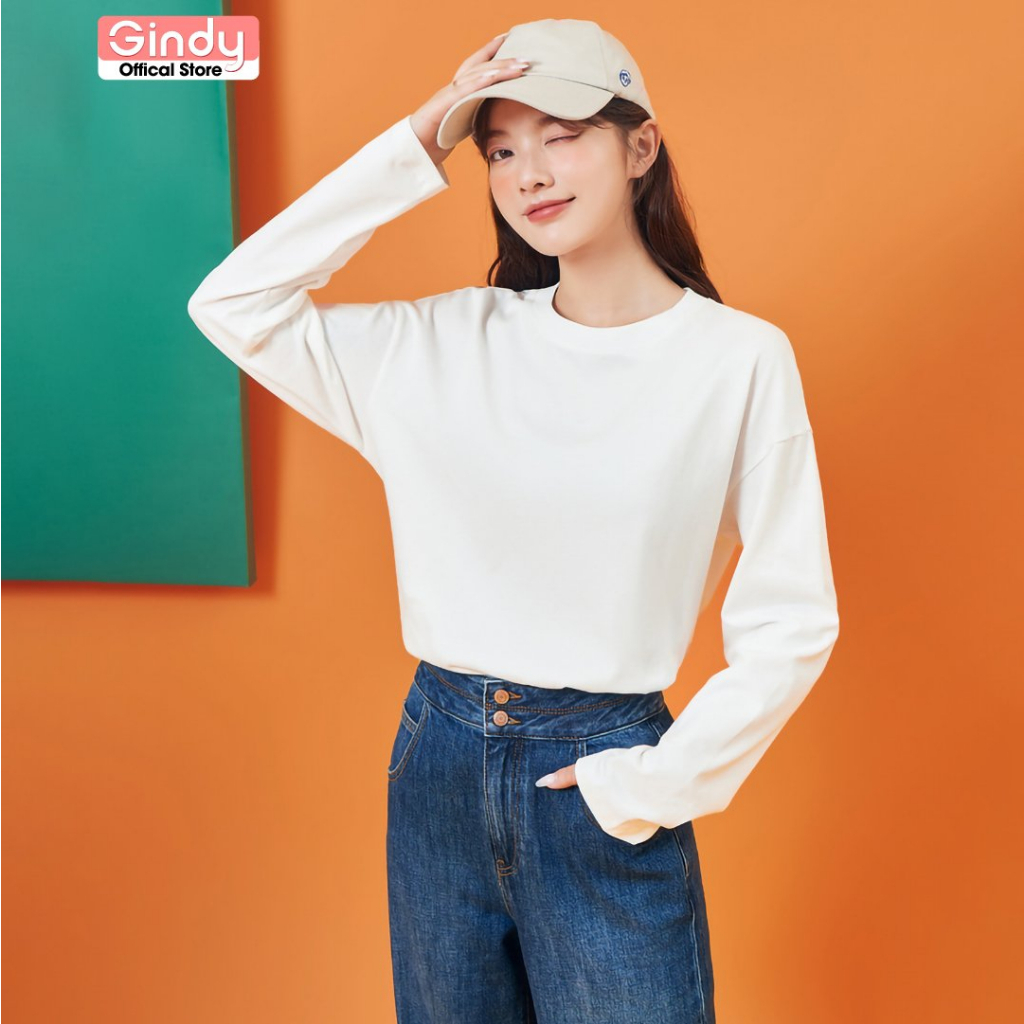 Áo thun dài tay nam nữ unisex GINDY áo phông form rộng dáng suông vải cotton thời trang xuân hè 2023 basic A033