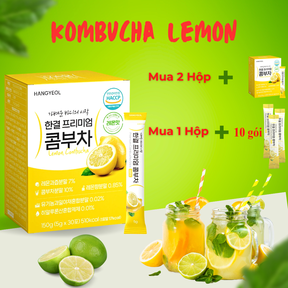 Trà Giảm Cân Hàn Quốc KOMBUCHA LEMON vị Chanh - Thanh Lọc Giải Nhiệt - Tốt cho Tiêu Hóa & Làm đẹp cho Da (5g x 30 gói)