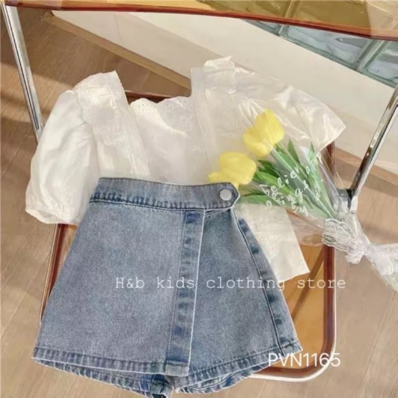 Set Áo Ren Quần Bò Giả Váy Cho Bé Gái