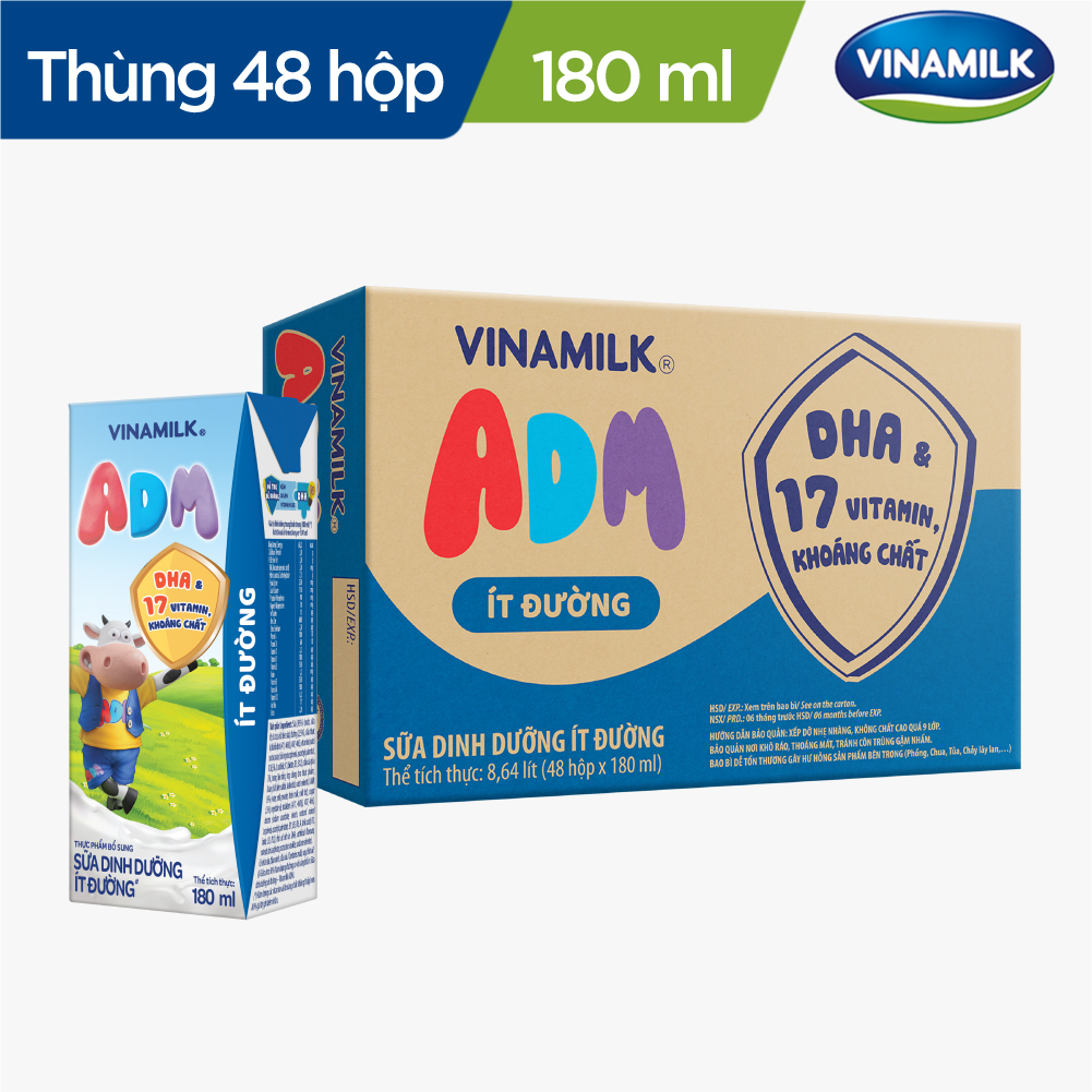 Sữa dinh dưỡng ít đường Vinamilk ADM - Thùng 48 hộp 180ml