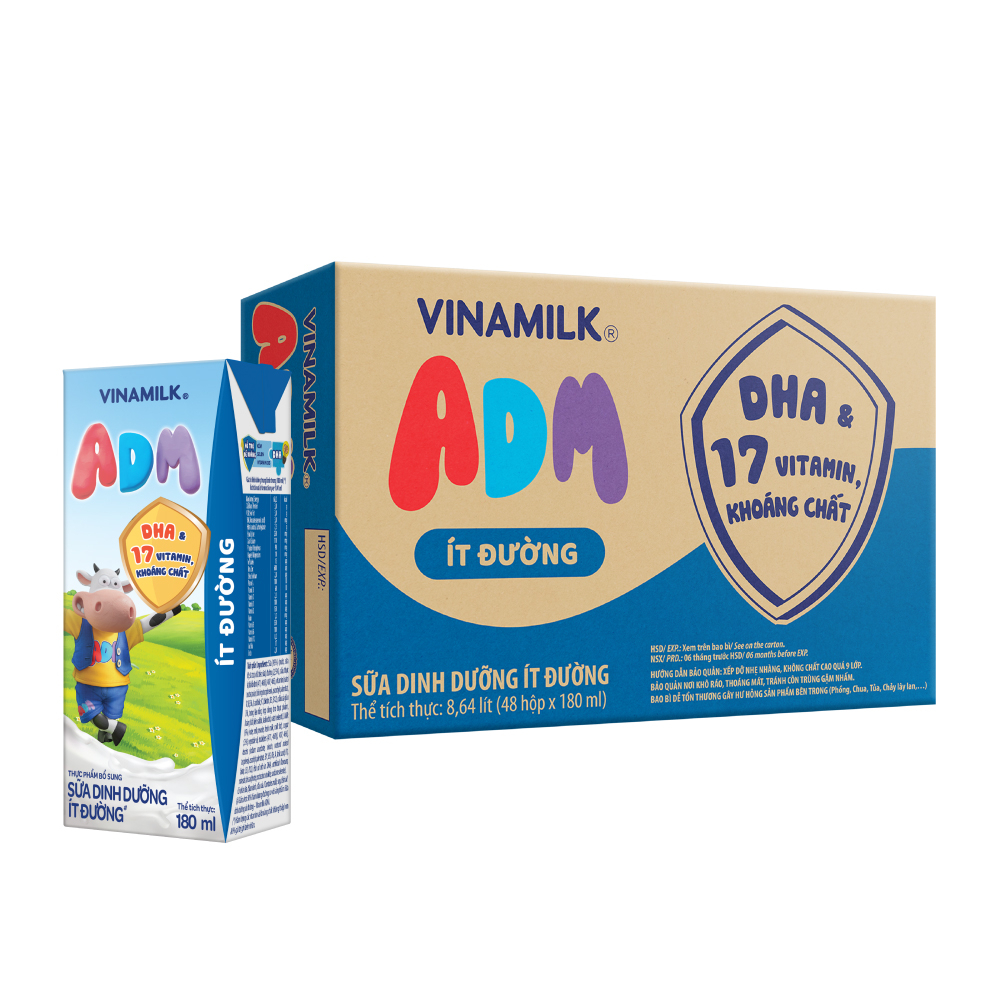 Sữa dinh dưỡng ít đường Vinamilk ADM - Thùng 48 hộp 180ml