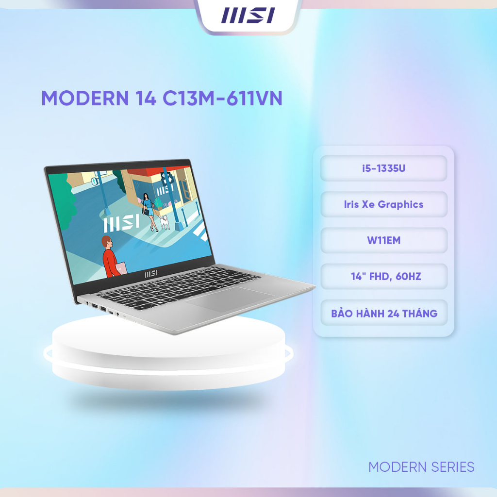 MSI Laptop Văn phòng Modern 14 C13M-611VN|Intel i5-1335U|Iris Xe|DDR4 16GB|512GB SSD|14" FHD,60Hz