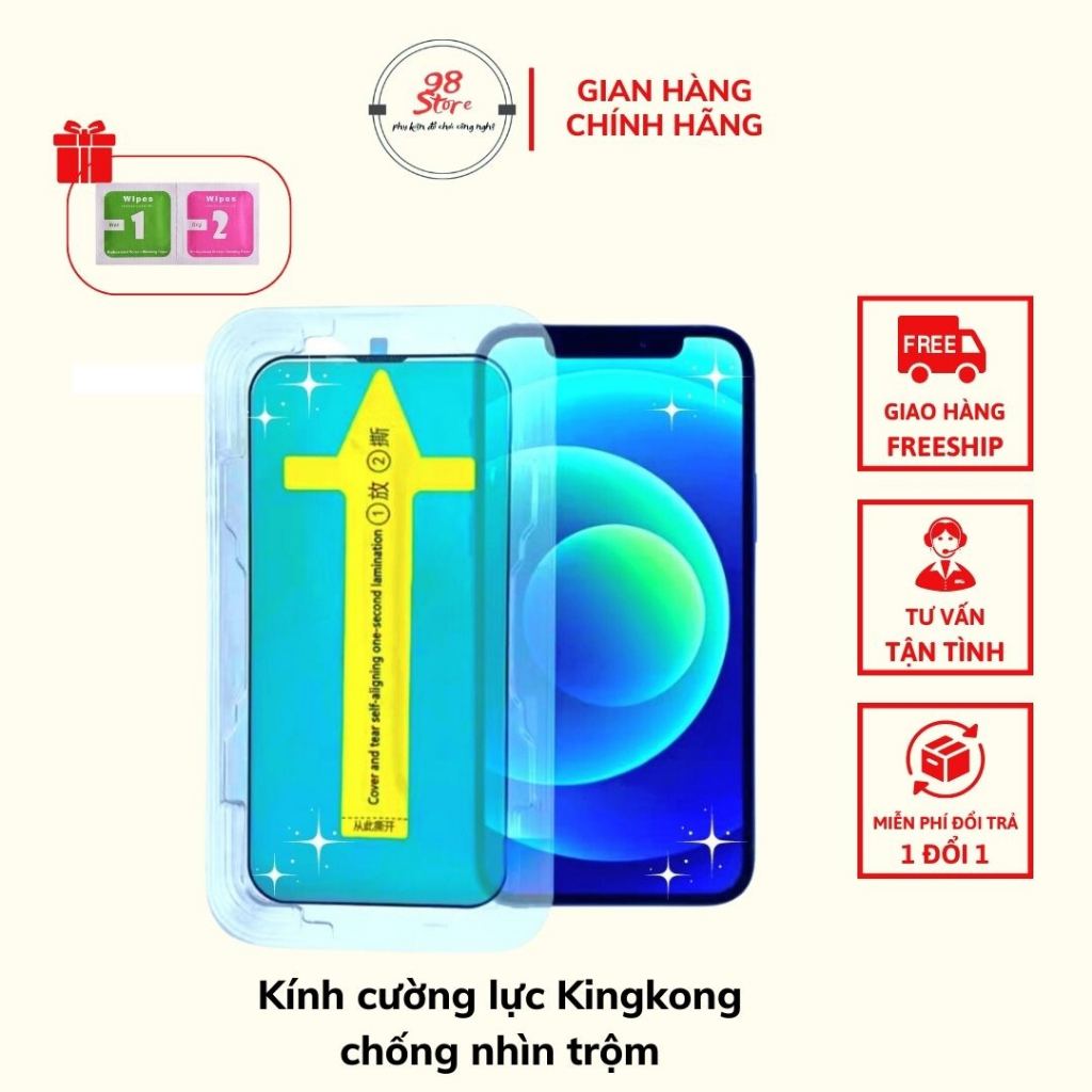 Kính Cường Lực KingKong Chống Nhìn Trộm Iphone Full Màn Hình Chống Trầy Xước Cao Cấp Có Khung Tự Dán 2 Màu Đen Trắng