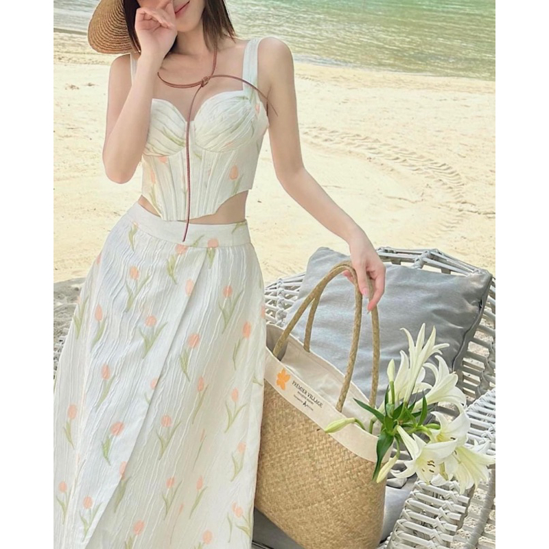 SET ÁO HOA CROPTOP + CHÂN VÁY XOÈ MIDI