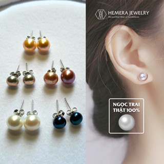 Khuyên tai nụ Hemera hạt trai nuôi nước ngọt thật chuôi mạ bạc S925 có năm màu trắng hồng tím xám đen HMR3