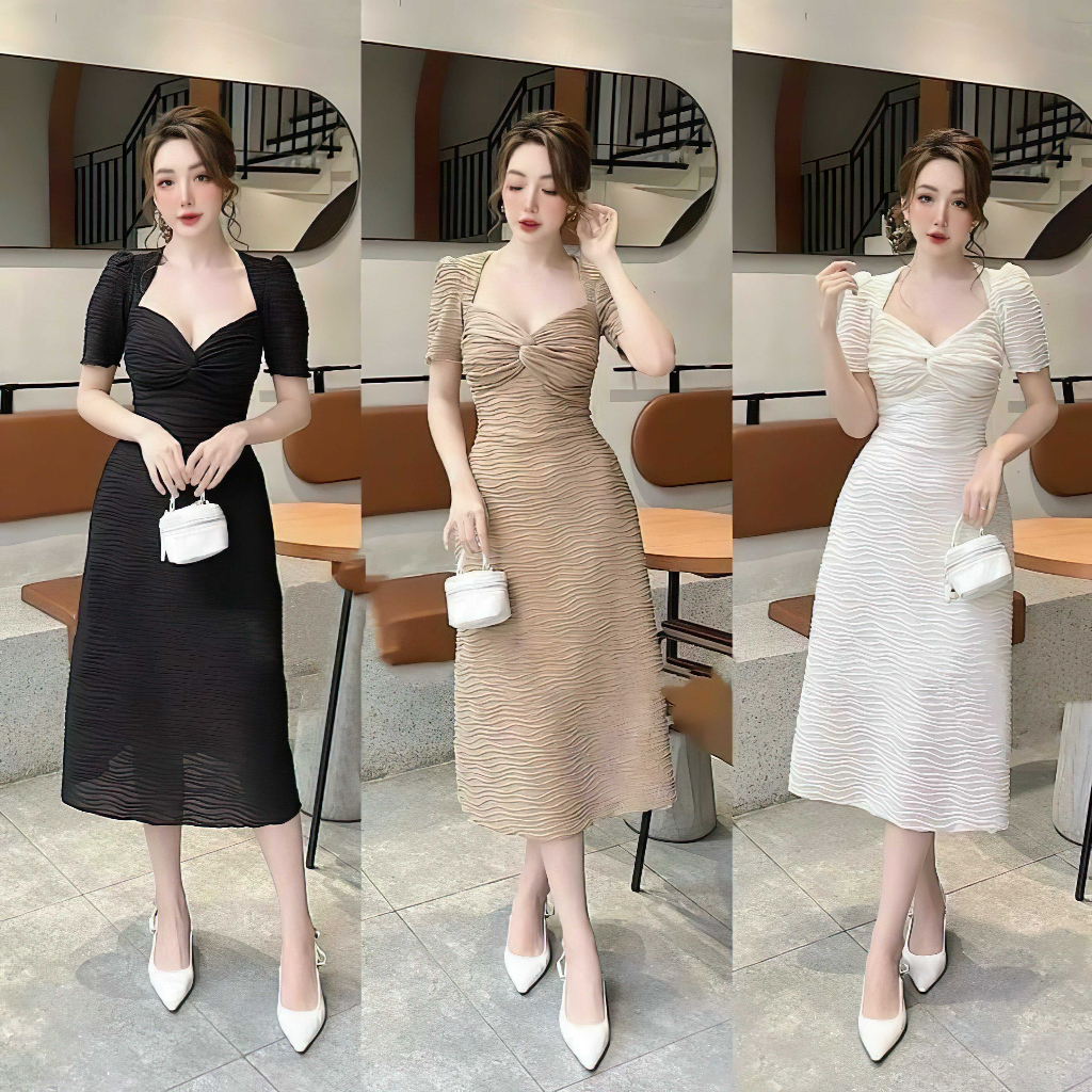Váy Body Xoắn Ngực Tay Cộc 3 Màu , Chất Thun Gợn sóng Quảng Châu