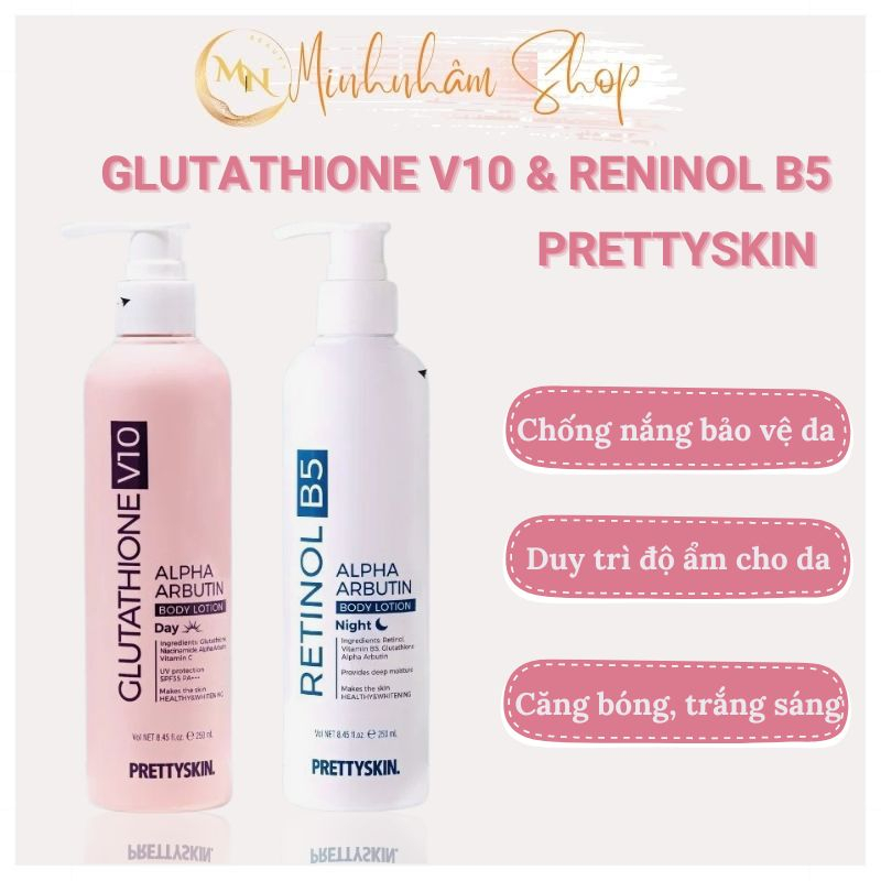 Kem Dưỡng Trắng Da Body Glutathione V10 Alpha Arbutin Body Lotion Prettyskin, Retinol B5 Pretty Skin nâng tone 250ml