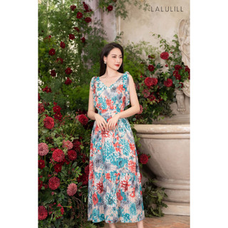 Đầm maxi cổ V LALULLILL nơ vai voan tơ hoa cam LDL2265603