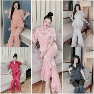 Bộ đồ ngủ chữ vs, bộ đồ pizama mặc nhà tay cộc quần dài lụa xước phối ren cao cấp cd03
