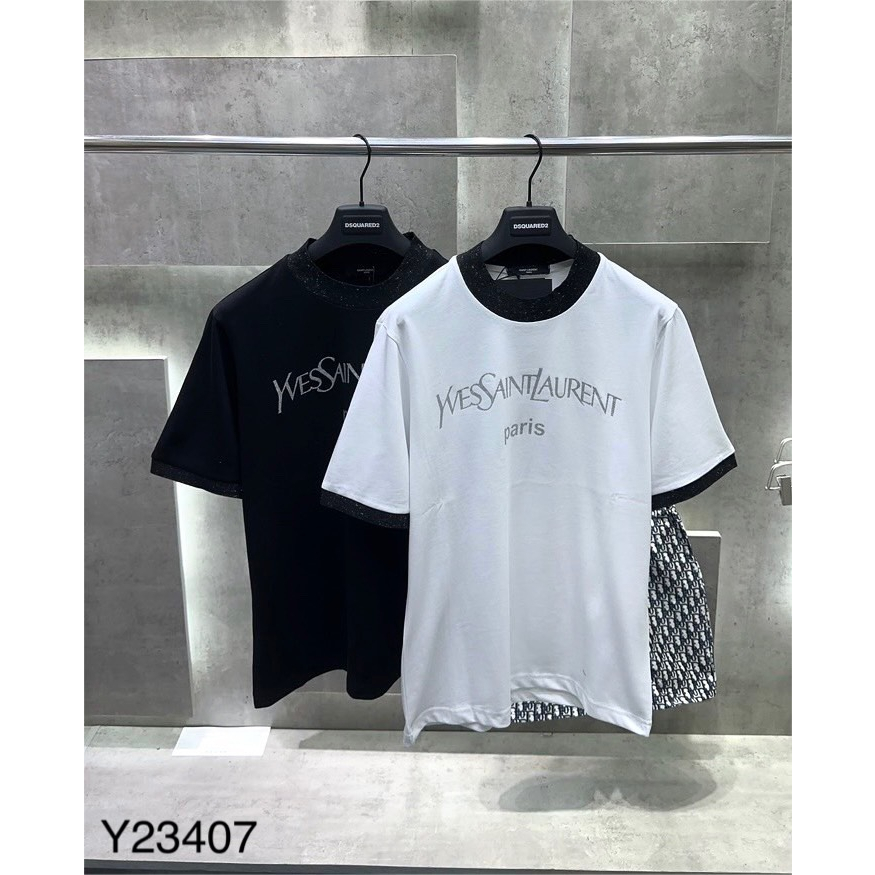 Áo Thun Nam Nữ YSL Phối Logo Kim Tuyến Trước Áo Mix Viền Cổ Viền Tay Áo Mới Nhất 2023 - Áp Phông YSL Dành Cho Nam nữ