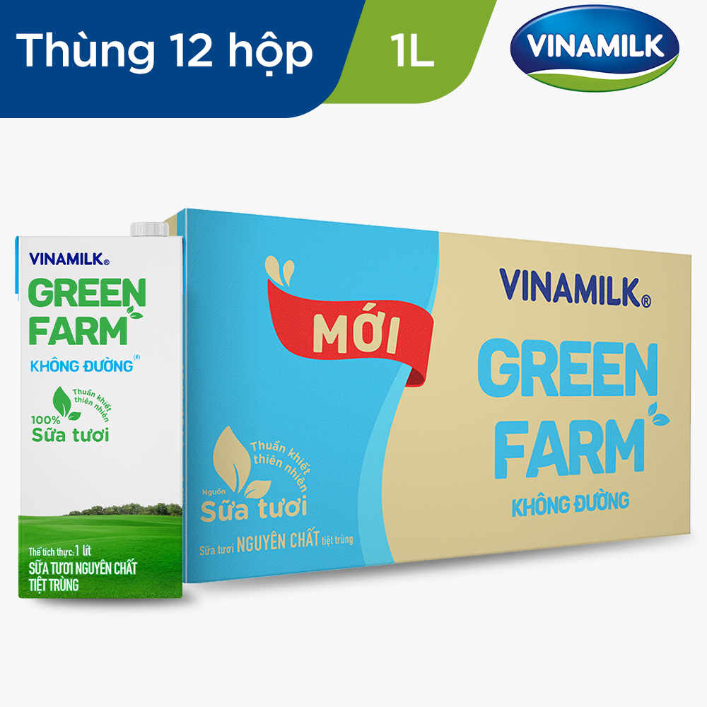 Sữa tươi tiệt trùng Không đường Vinamilk Green Farm - Thùng 12 hộp 1L