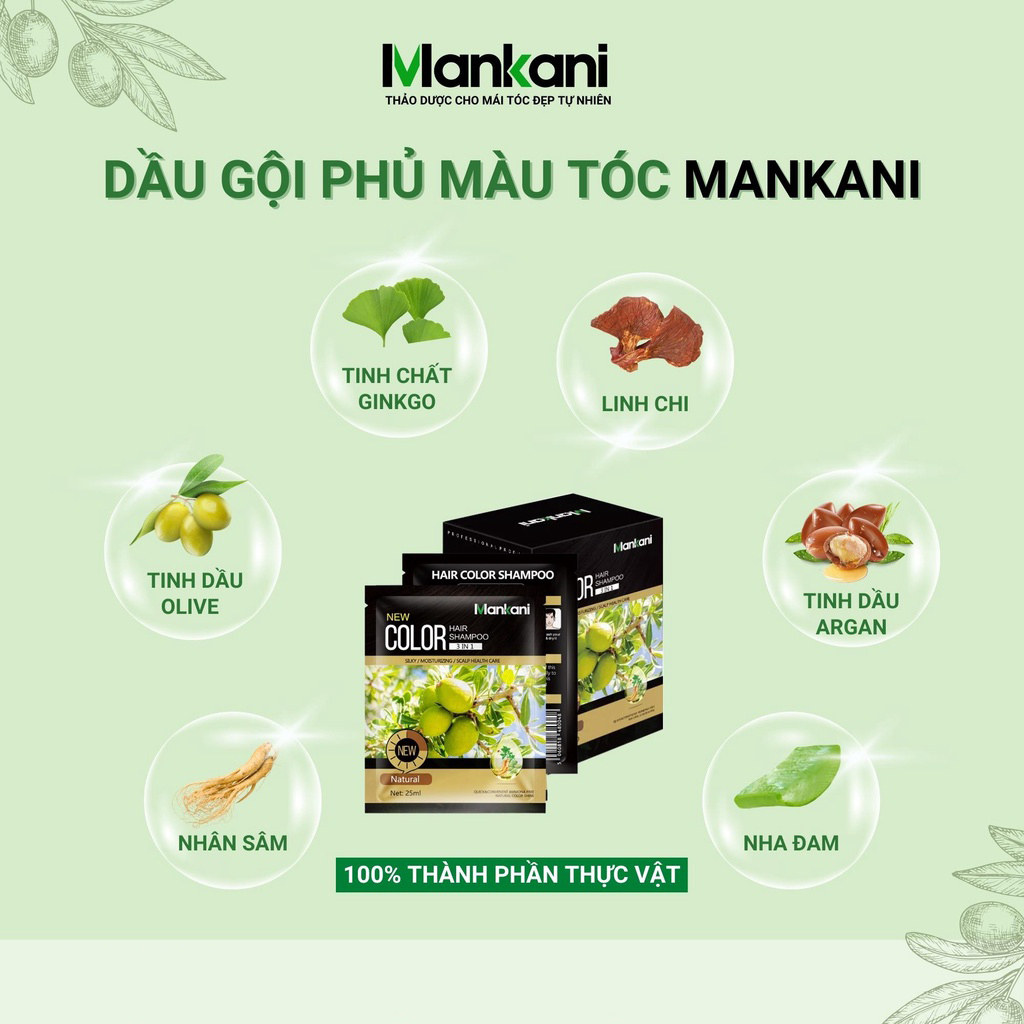 Dầu gội nhuộm tóc thảo dược, dầu gội phủ bạc từ Anh Quốc Mankani gói lẻ 25ml