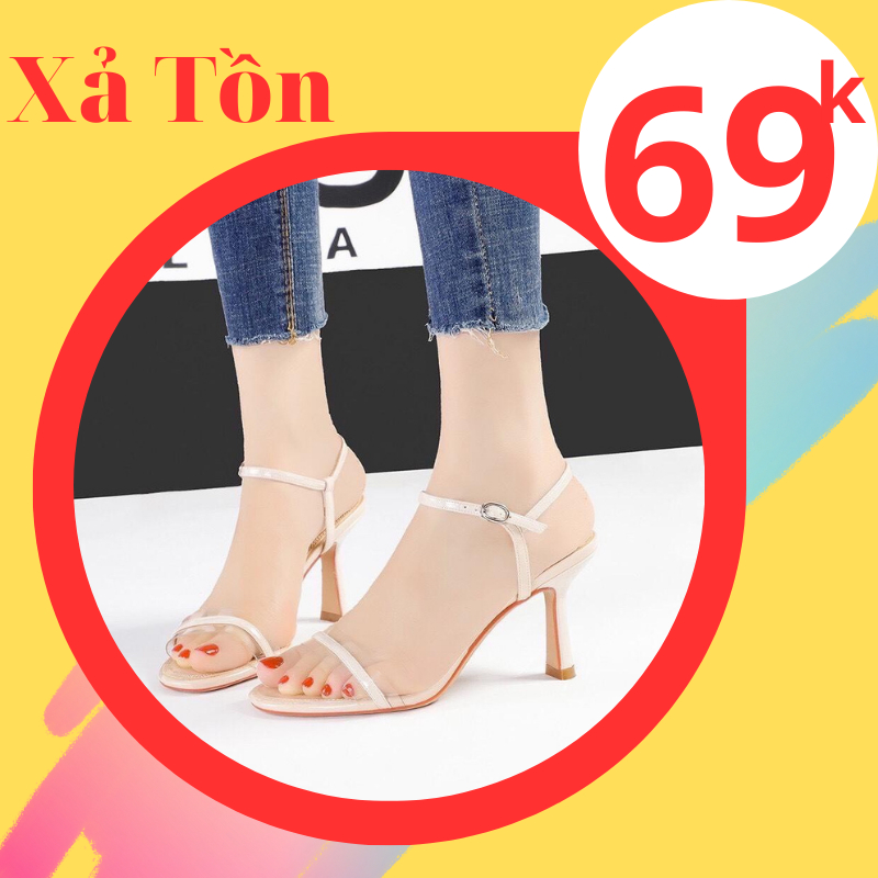 Giày sandal cao gót nhọn 7p quai trong phối dây mảnh màu