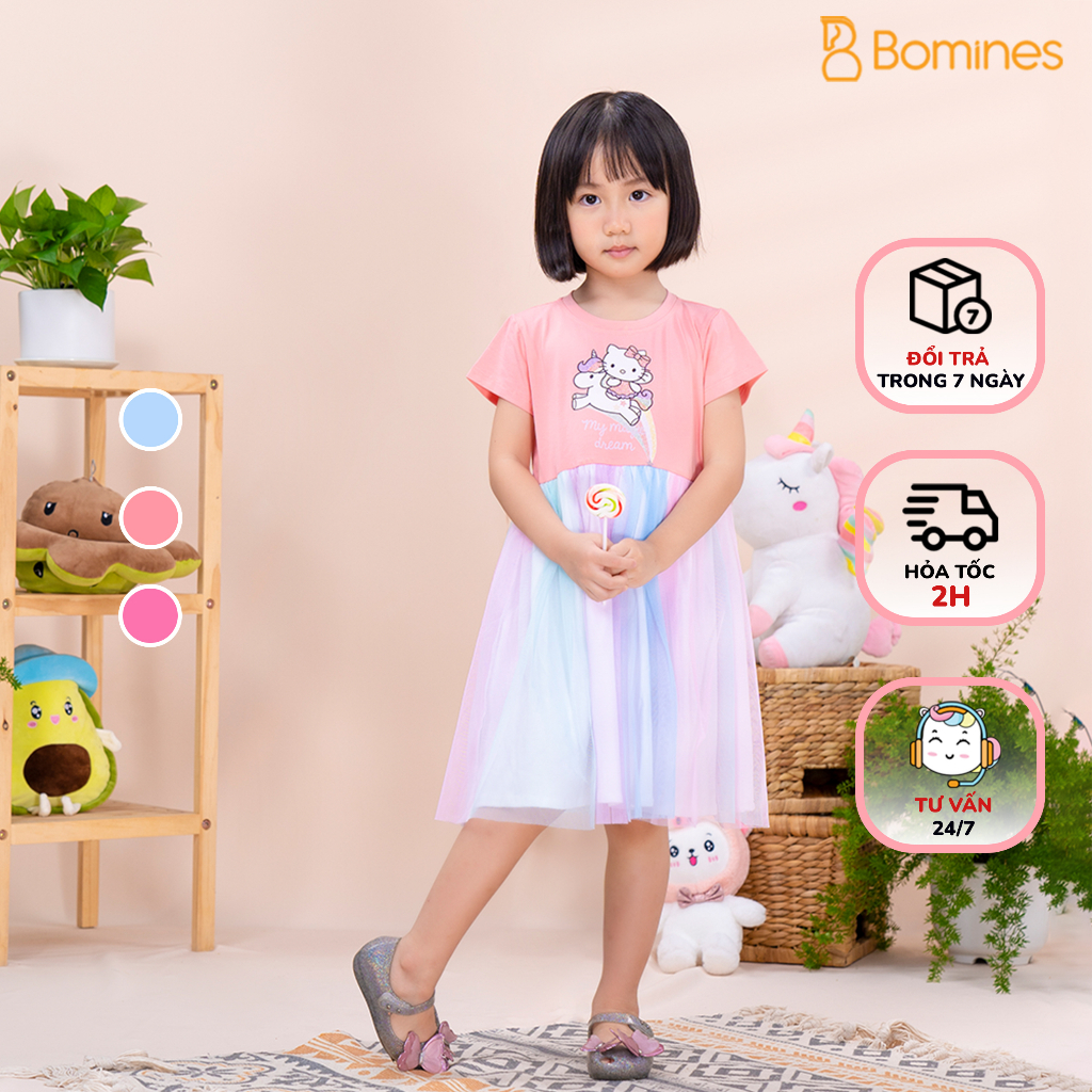 Váy công chúa bé gái dự tiệc Hello Kitty BOMINES cotton, tùng lưới mềm cho bé từ 2- 12 tuổi, 10- 36kg DTNKITYPHOILUOI85