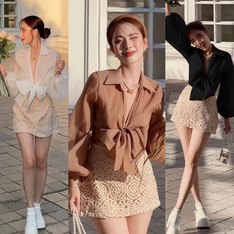 Set áo croptop thắt nơ trước + chân váy ren