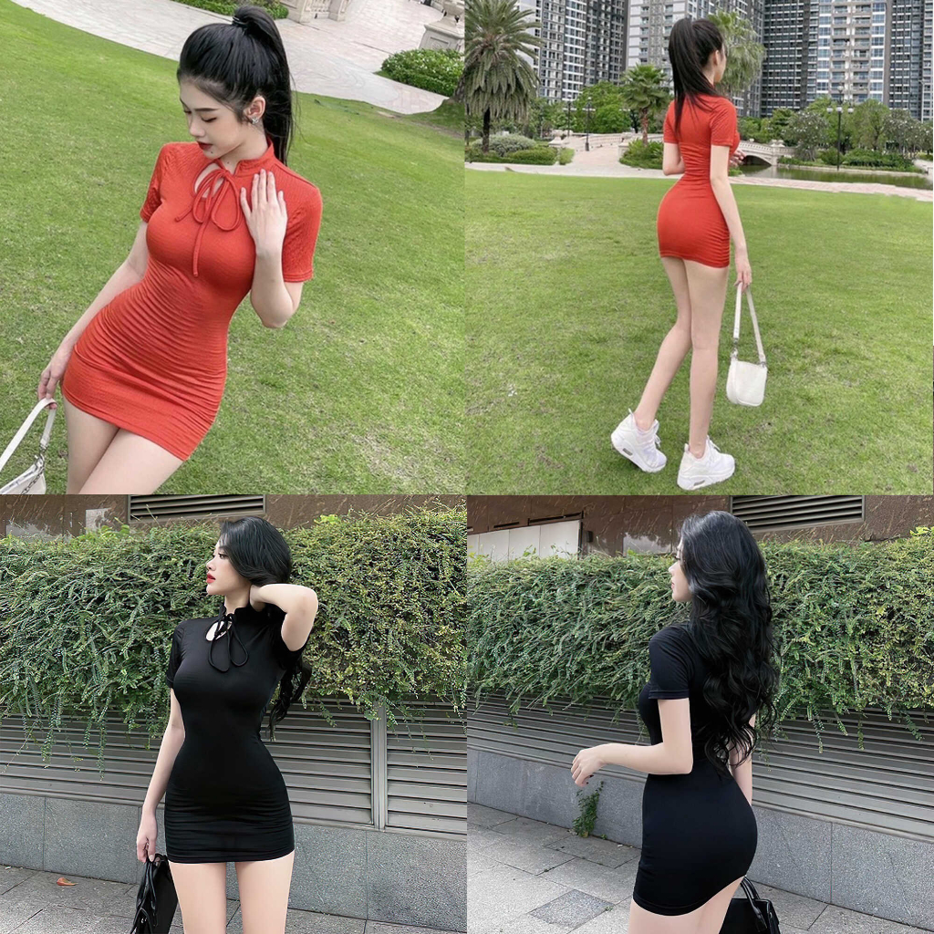 Đầm Body Cộc Tay , thắt nơ trước ngực , chất thun xốp Quảng Châu