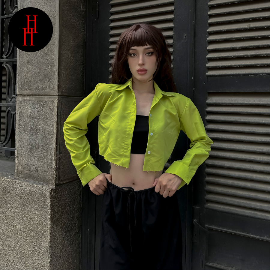 Áo croptop sơ mi tay dài màu xanh neon HAC151 Hỉn Hỉn Store