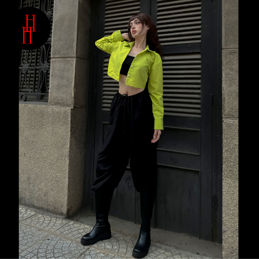 Áo croptop sơ mi tay dài màu xanh neon HAC151 Hỉn Hỉn Store