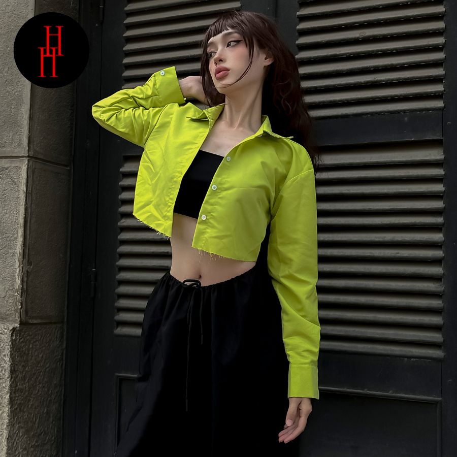 Áo croptop sơ mi tay dài màu xanh neon HAC151 Hỉn Hỉn Store