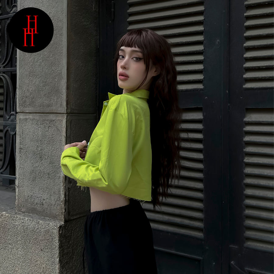 Áo croptop sơ mi tay dài màu xanh neon HAC151 Hỉn Hỉn Store