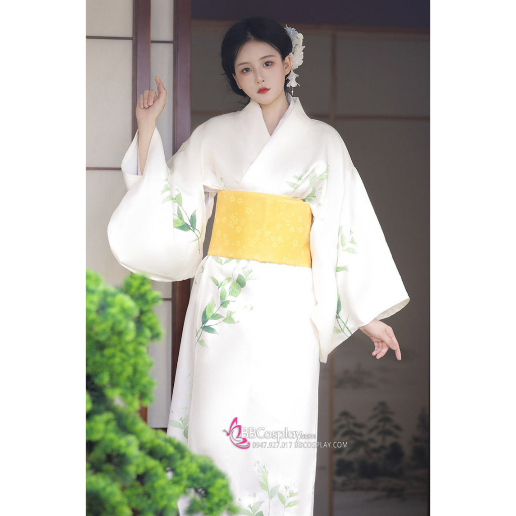 Áo Kimono Yukata Mùa Hè Trắng Kem Tặng Kèm Thắt Lưng - 860
