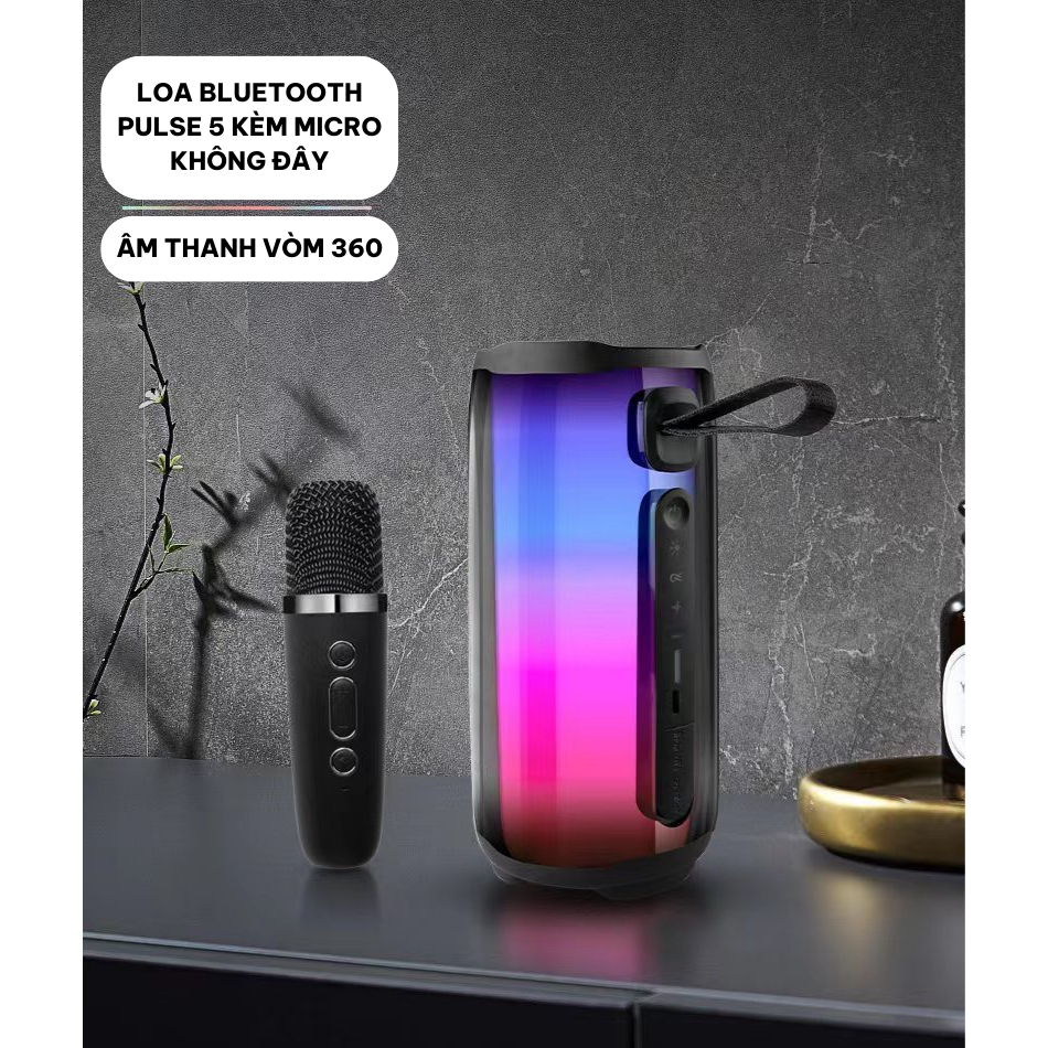 Loa Bluetooth Pulse Kèm Micro, Bass Mạnh, Âm Thanh Rõ, Full Box, Loa Hát Kèm Mic Bluetooth 5.0- LC DESIGN