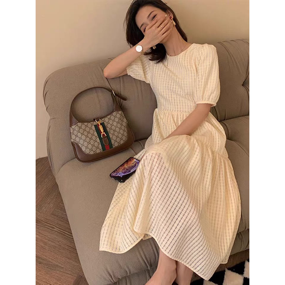 Váy đầm babydoll dáng dài đi biển tay phồng tiểu thư nữ phong cách Hàn quốc sang chảnh  - First love