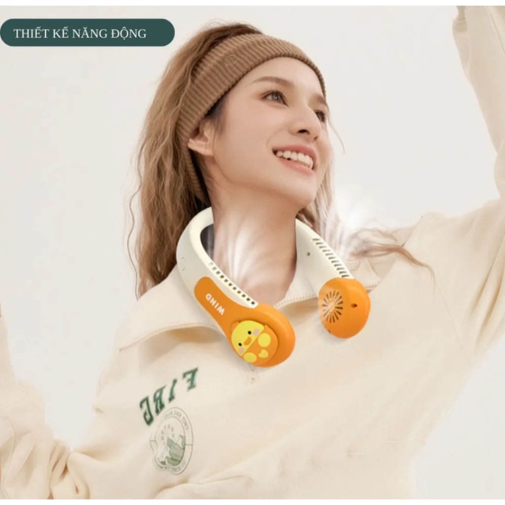 Quạt đeo cổ không cánh hình thú Wind 3D, Quạt mini cute sạc tích điện USB 3 cấp độ gió, hoạt độ bảo hành 12 tháng