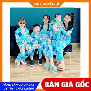 Đồ bộ lụa xước cao cấp cho bé size đến 75kg in hình Doremon Bộ lụa xước ánh kim mẹ và bé PRBQDTDLX