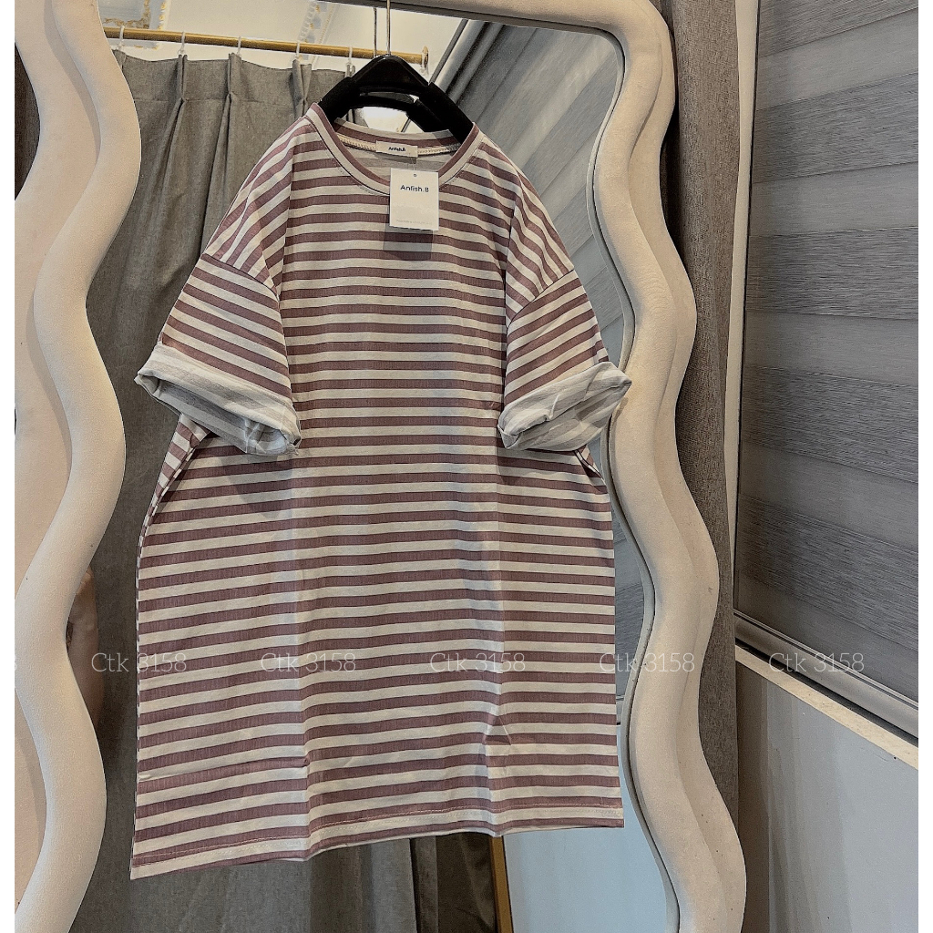 Phông kẻ 3158 Chất cotton Khô Dáng Rộng Nam Nữ Cổ Tròn Tay Lỡ Unisex KẺ Sọc - Áo THun Bigsize