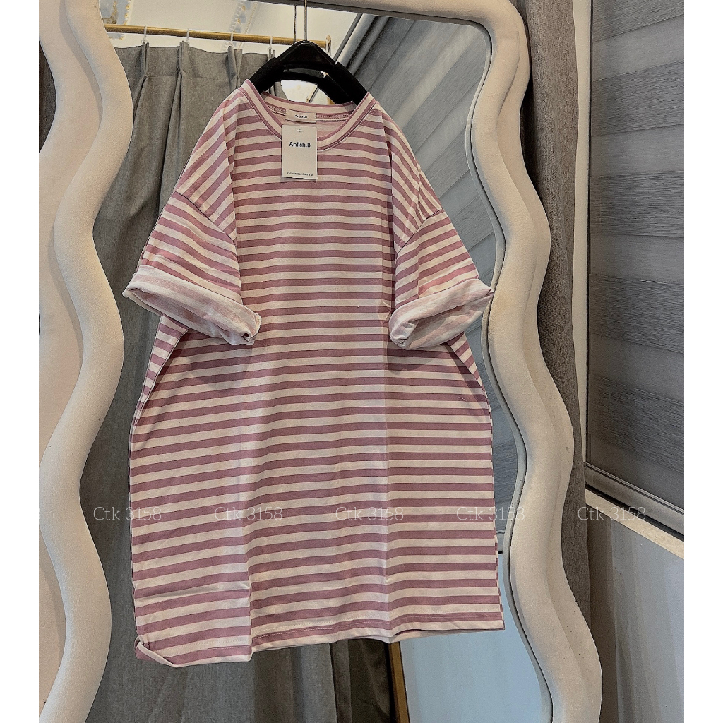 Phông kẻ 3158 Chất cotton Khô Dáng Rộng Nam Nữ Cổ Tròn Tay Lỡ Unisex KẺ Sọc - Áo THun Bigsize