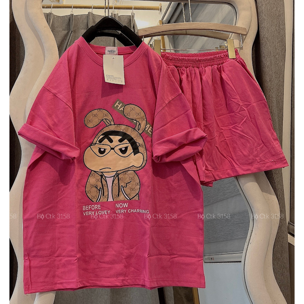 Set Cộc Thể Thao Dáng Rộng 3158 Hình Sin CHất Cotton Khô Cổ Tròn Tay Lỡ- Bộ Đùi Ngắn Tay Dáng Rộng