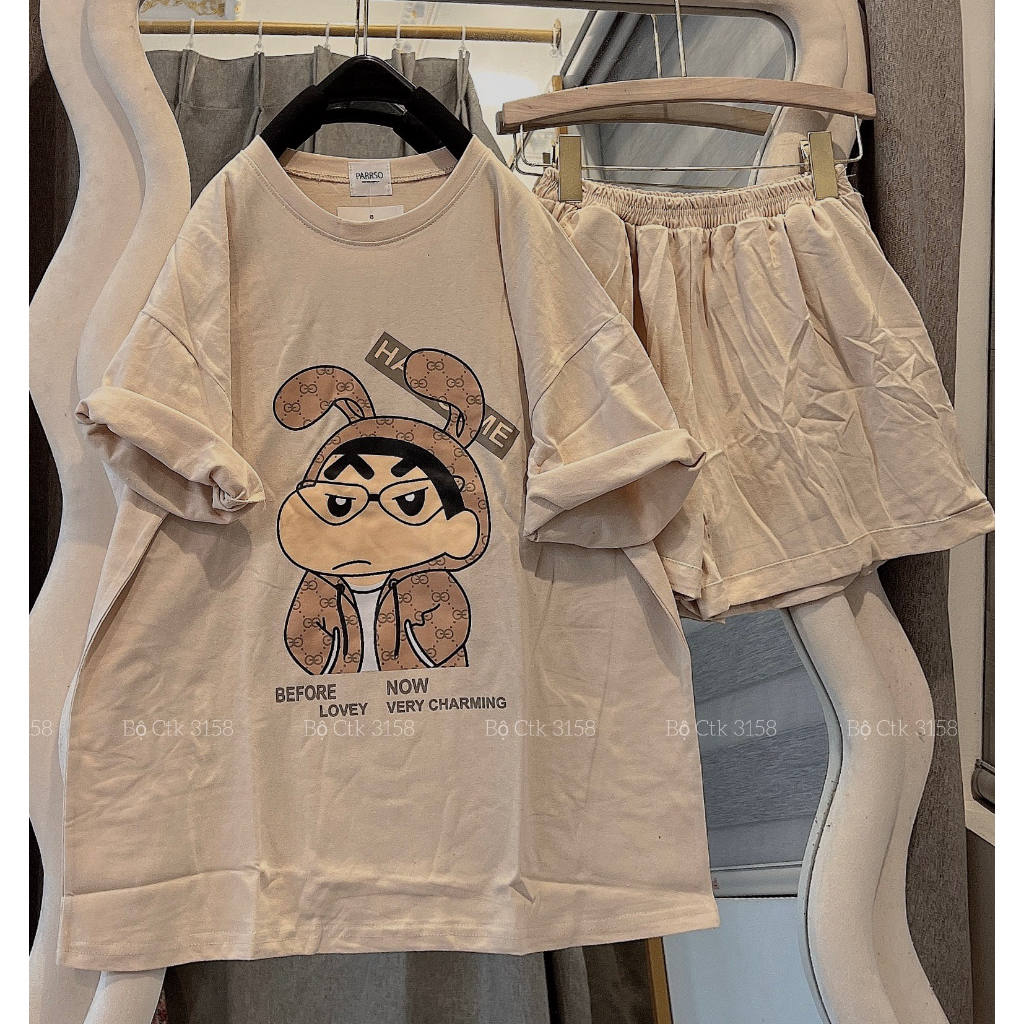 Set Cộc Thể Thao Dáng Rộng 3158 Hình Sin CHất Cotton Khô Cổ Tròn Tay Lỡ- Bộ Đùi Ngắn Tay Dáng Rộng