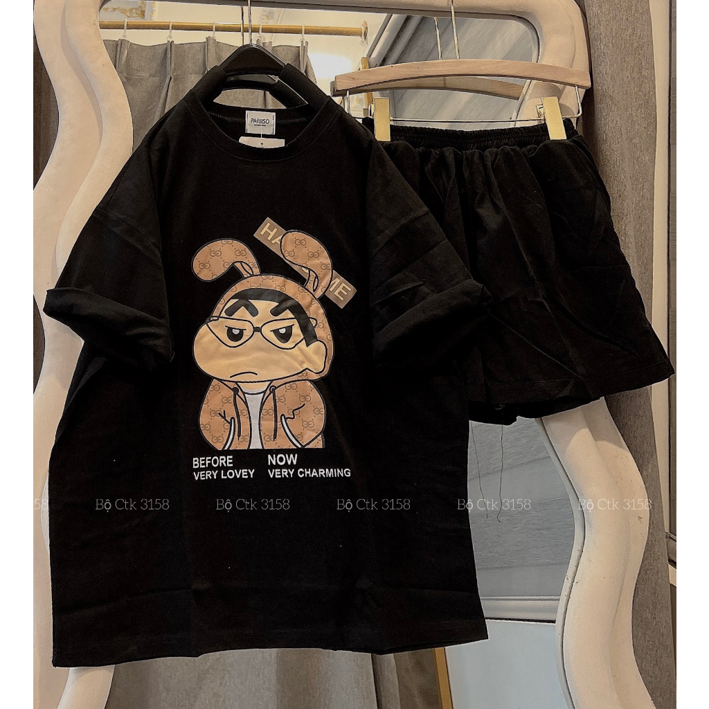 Set Cộc Thể Thao Dáng Rộng 3158 Hình Sin CHất Cotton Khô Cổ Tròn Tay Lỡ- Bộ Đùi Ngắn Tay Dáng Rộng